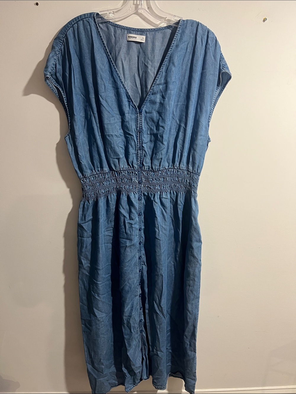 Sonoma Light Denim Blue V-Neck Smocked Waist Midi Dress Size XL